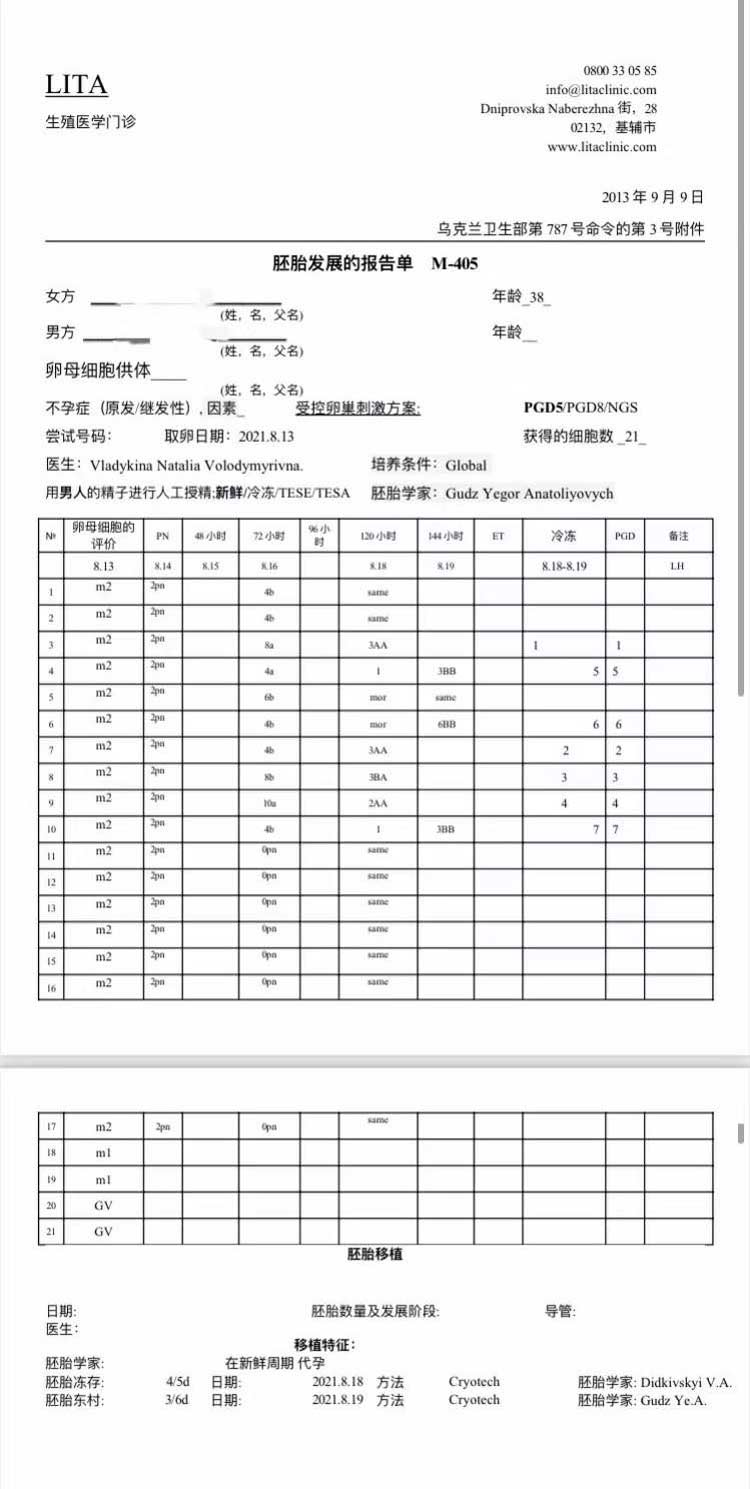 丽塔医院自卵胚胎报告