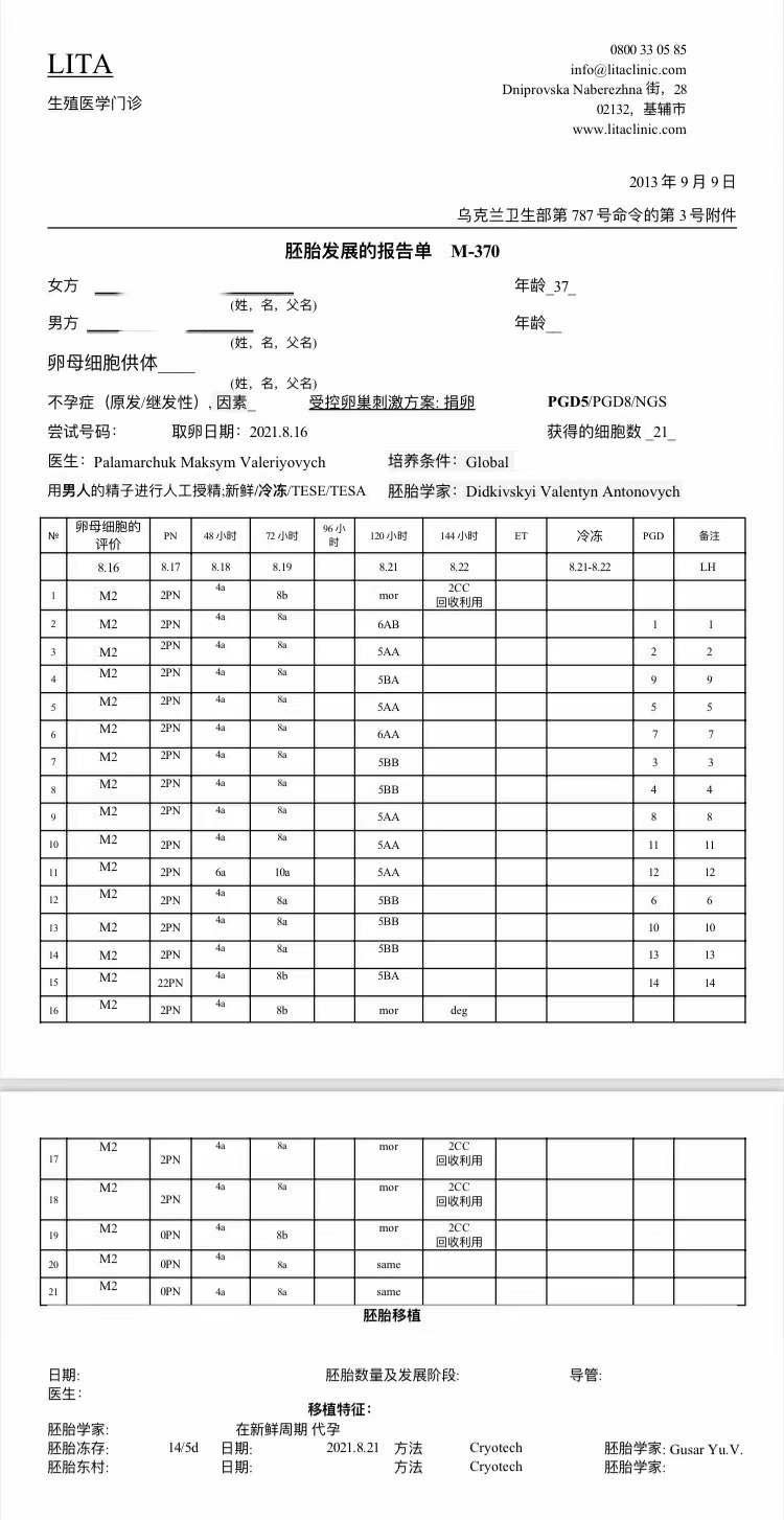 捐卵试管胚胎报告