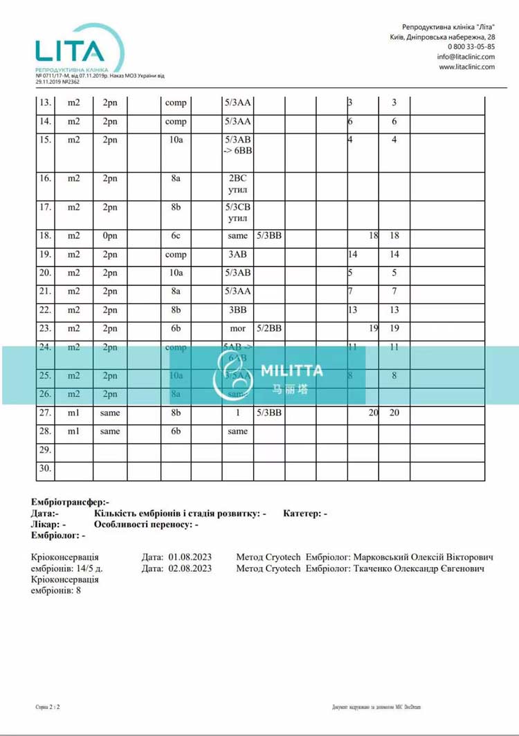 乌克兰丽塔医院胚胎报告