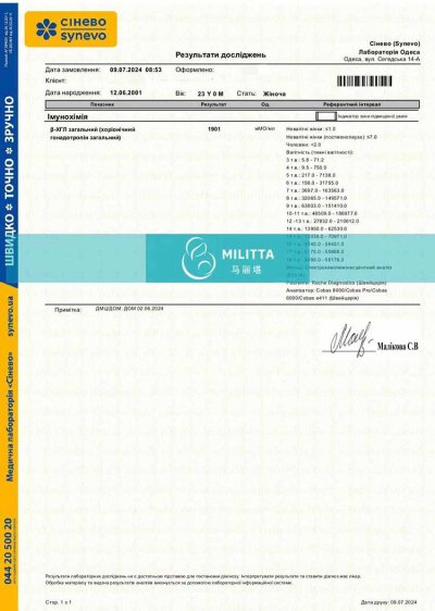 乌克兰老客户二胎再次移植胚胎成功的验孕报告